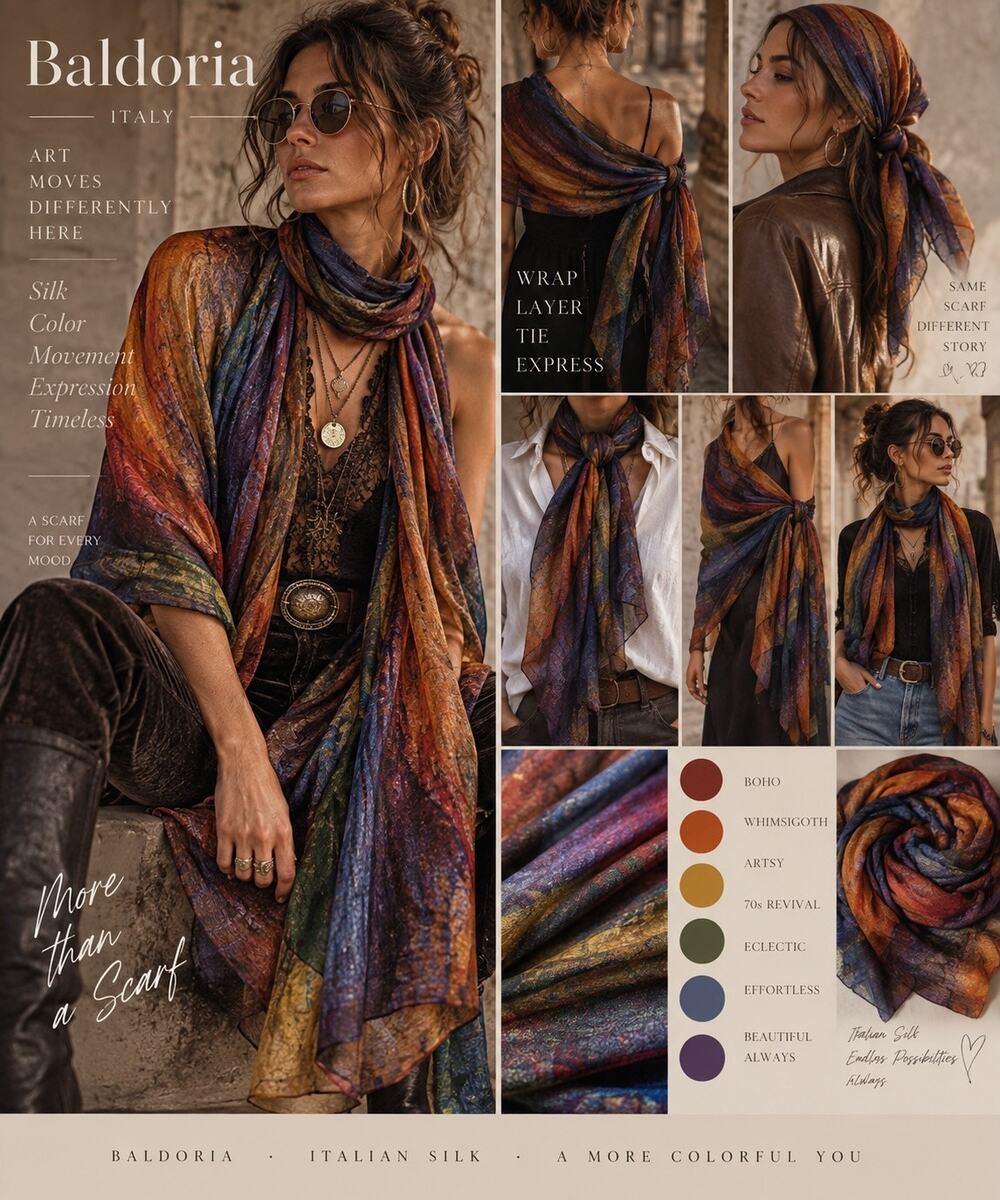 Baldoria 100% Silk Multicolor Abstract Scarf Italy Whimsigoth Boho Artsy Sheer